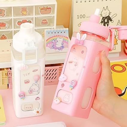 Kawaii Water Bottle with Straw Cute Large Bottles Stickers Aesthetic Leakproof Square Drinking