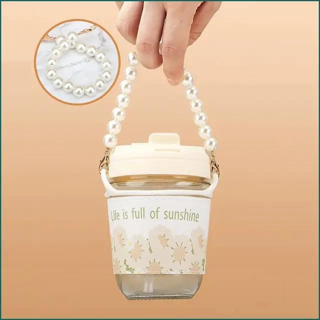 Coffee Mugs with Pearl Chain Belt and Reusable Coffee Mug Travel Sipper Double Drink Straw Lids Sleeve for Kids Girls