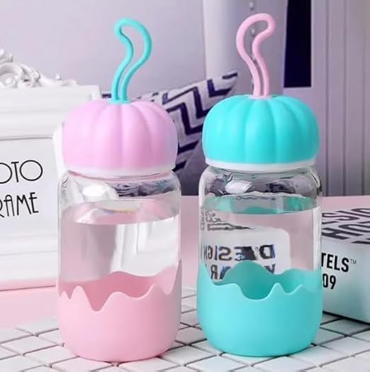 Cute 300ML Heat Resistant Glass Bottle with Airtight Lid | Reusable Drinking Jar for Juicing, Smoothies, Milk, Water, Shakes pack of 2