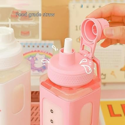 Kawaii Water Bottle with Straw Cute Large Bottles Stickers Aesthetic Leakproof Square Drinking