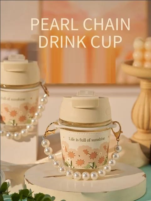 Coffee Mugs with Pearl Chain Belt and Reusable Coffee Mug Travel Sipper Double Drink Straw Lids Sleeve for Kids Girls