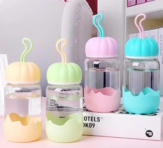 Cute 300ML Heat Resistant Glass Bottle with Airtight Lid | Reusable Drinking Jar for Juicing, Smoothies, Milk, Water, Shakes pack of 2