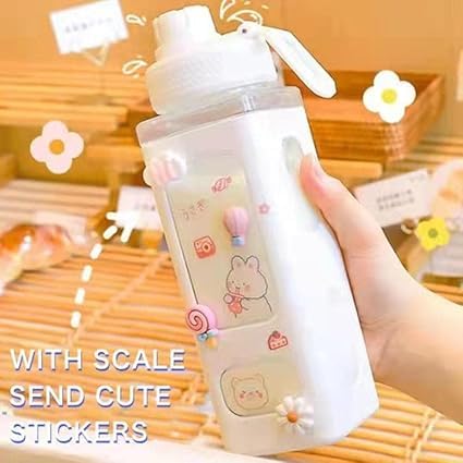 Kawaii Water Bottle with Straw Cute Large Bottles Stickers Aesthetic Leakproof Square Drinking
