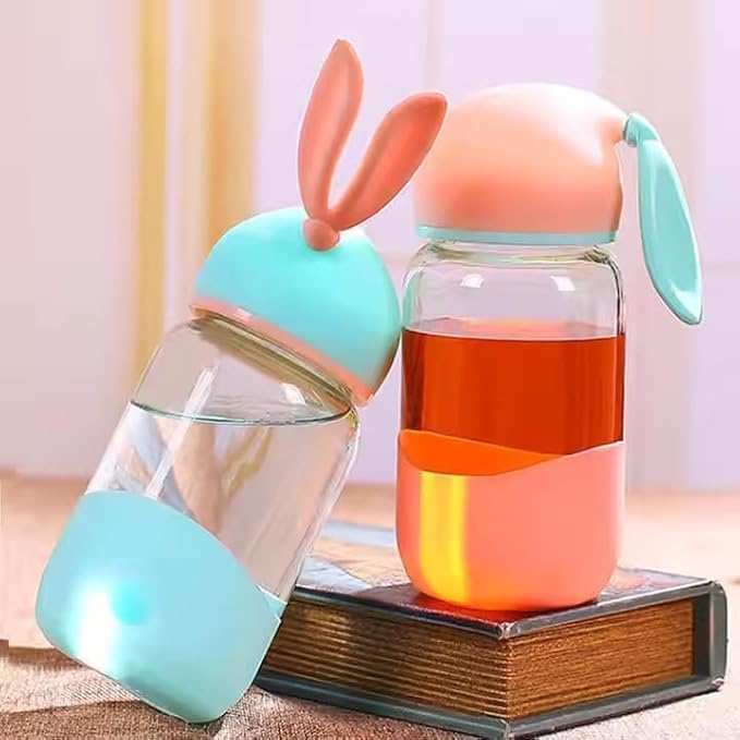 pack of 2 340 ml rabbit cup bottle | Portable Rabbit-Style Silicone Glass Water Bottle for kids, adults | Portable Direct Drinking Thermal Bottle for juice, water, coffee | easy to carry office, school (1)