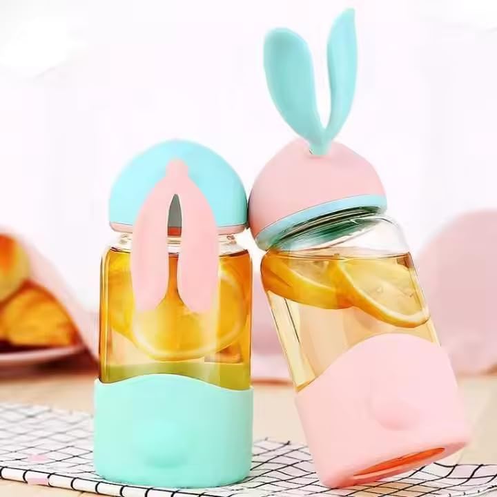 pack of 2 340 ml rabbit cup bottle | Portable Rabbit-Style Silicone Glass Water Bottle for kids, adults | Portable Direct Drinking Thermal Bottle for juice, water, coffee | easy to carry office, school (1)