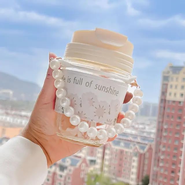 Coffee Mugs with Pearl Chain Belt and Reusable Coffee Mug Travel Sipper Double Drink Straw Lids Sleeve for Kids Girls