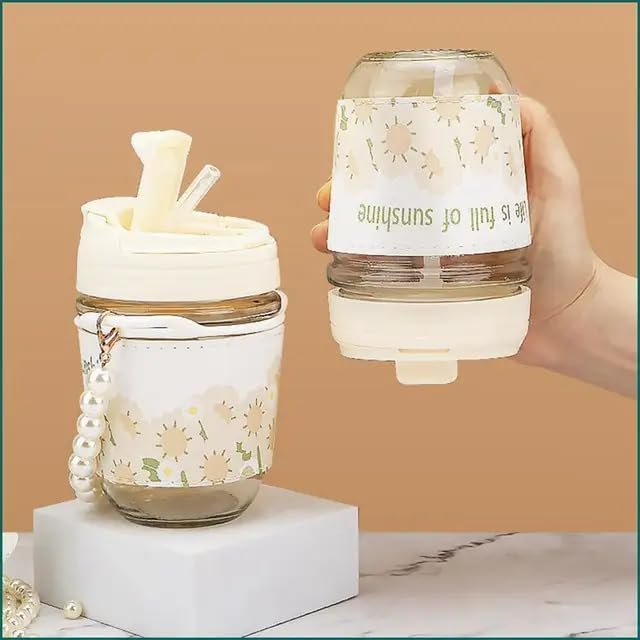 Coffee Mugs with Pearl Chain Belt and Reusable Coffee Mug Travel Sipper Double Drink Straw Lids Sleeve for Kids Girls