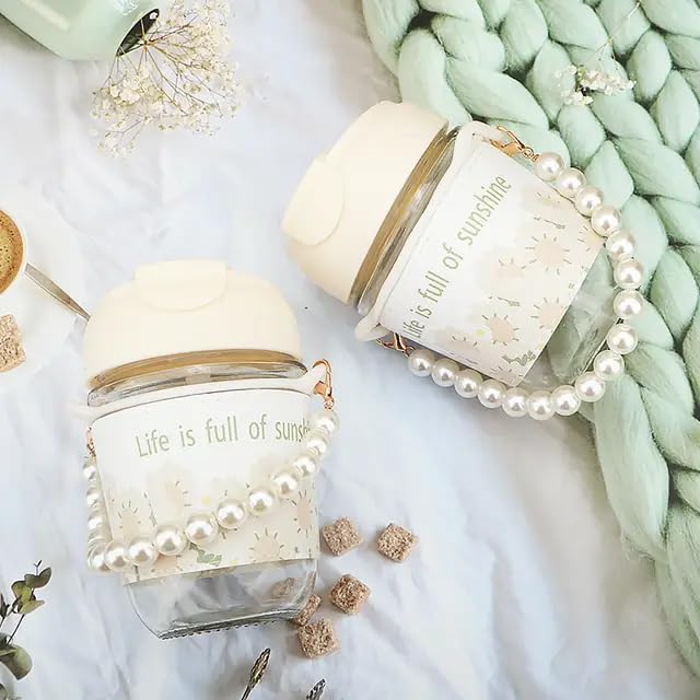 Coffee Mugs with Pearl Chain Belt and Reusable Coffee Mug Travel Sipper Double Drink Straw Lids Sleeve for Kids Girls