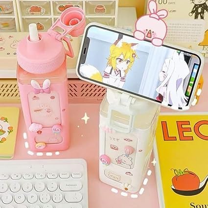 Kawaii Water Bottle with Straw Cute Large Bottles Stickers Aesthetic Leakproof Square Drinking