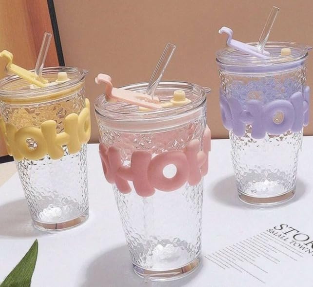 Glass Coffee Mug with Lid and Straw pack of 3