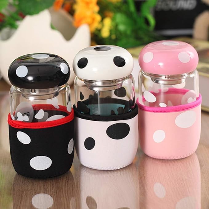 Pack of 2 Mushroom Cup Glass Bottle and Cup Cover Portable with Strainer Mini Vacuum Mug Cute Thermos for Home, Office, Traveling, Camping Tea Milk
