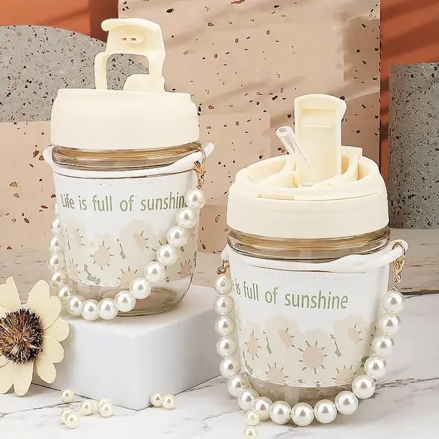 Coffee Mugs with Pearl Chain Belt and Reusable Coffee Mug Travel Sipper Double Drink Straw Lids Sleeve for Kids Girls