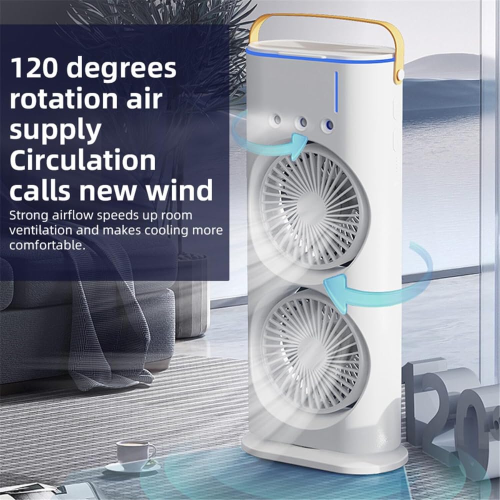 Double Ended Spray Fan, Cold Air, 3 Gears USB Rechargeable Oscillating one with LED Light Cooler