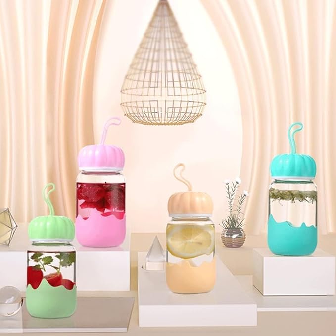 Cute 300ML Heat Resistant Glass Bottle with Airtight Lid | Reusable Drinking Jar for Juicing, Smoothies, Milk, Water, Shakes pack of 2
