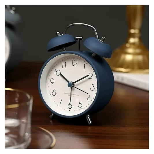 Vintage Twin Bell Analog Display Table Alarm Clock with Night LED Light Heavy Slippers Extra Loud Alarm Clock Ideal for Student and Kids Bedroom (Black) (Blue Round)