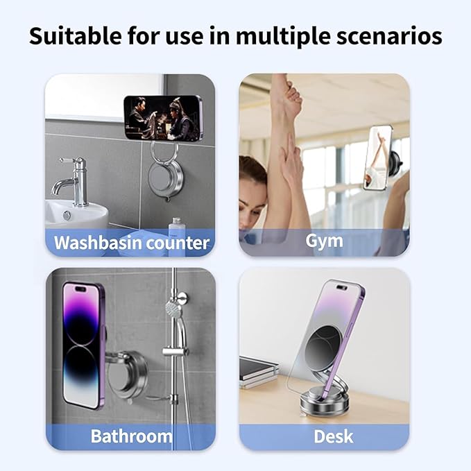 Upgraded 360° Vacuum Suction Magnetic Phone Holder, Car Phone Mount Metal Arm Foldable Gel Vacuum for Car Dashborad & Windsheild/Gym/Mirror/Shower