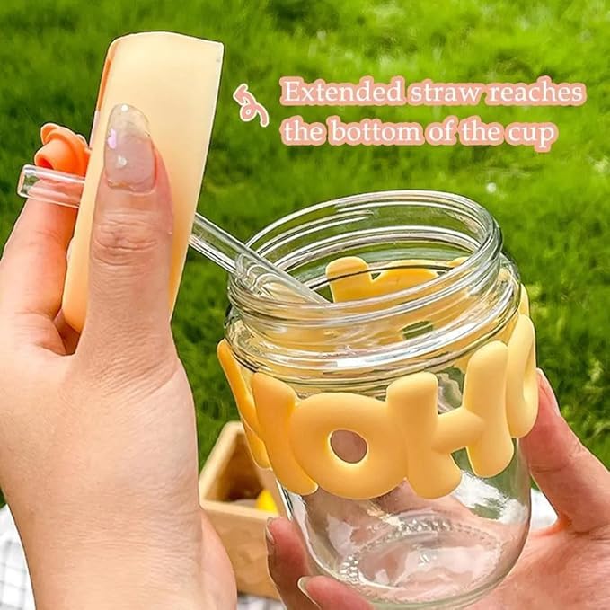 Reusable Glass Coffee Mugs with Lid and Straw pack of 2
