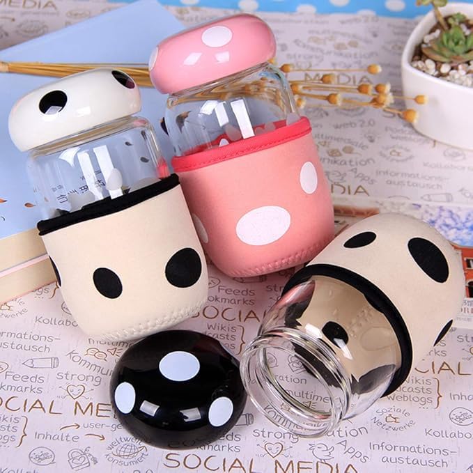 Pack of 2 Mushroom Cup Glass Bottle and Cup Cover Portable with Strainer Mini Vacuum Mug Cute Thermos for Home, Office, Traveling, Camping Tea Milk