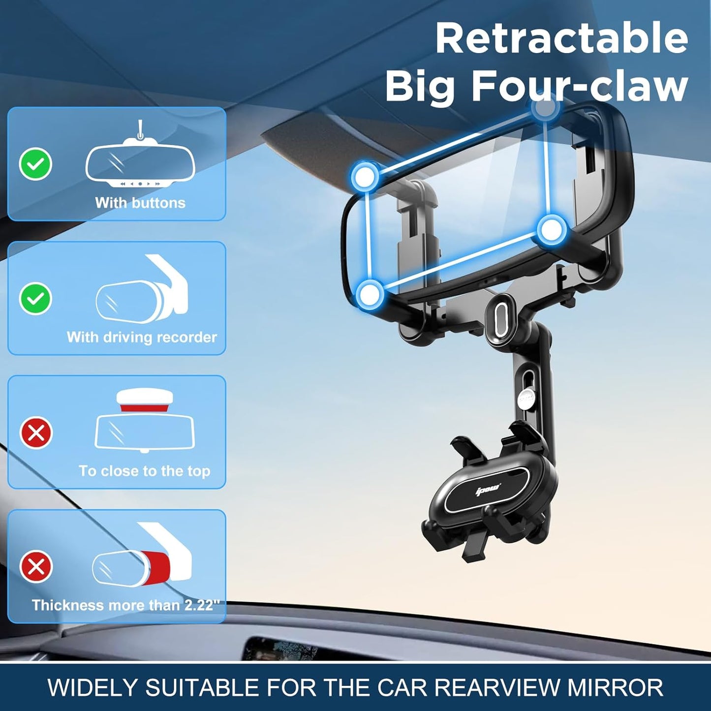 Large Rearview Mirror Phone Holder for Car 360°Rotatable and Retractable, 2023 Upgraded Four Corners Fixed Anti-Shake Multifunctional Design for Car Rearview Mirror with Button