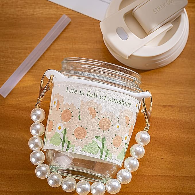 Coffee Mugs with Pearl Chain Belt and Reusable Coffee Mug Travel Sipper Double Drink Straw Lids Sleeve for Kids Girls