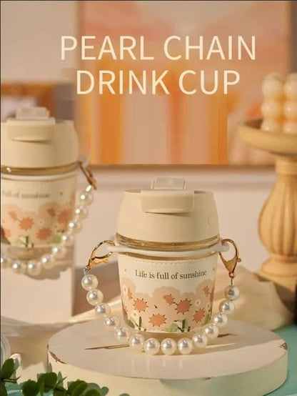Coffee Mugs with Pearl Chain Belt and Reusable Coffee Mug Travel Sipper Double Drink Straw Lids Sleeve for Kids Girls