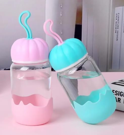 Cute 300ML Heat Resistant Glass Bottle with Airtight Lid | Reusable Drinking Jar for Juicing, Smoothies, Milk, Water, Shakes pack of 2