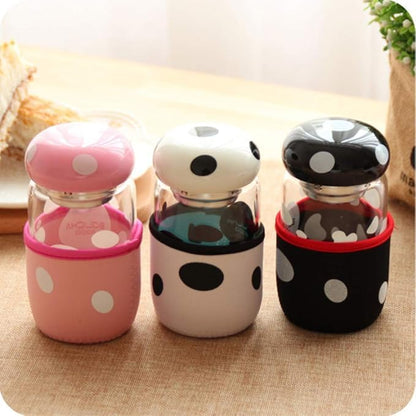 Pack of 2 Mushroom Cup Glass Bottle and Cup Cover Portable with Strainer Mini Vacuum Mug Cute Thermos for Home, Office, Traveling, Camping Tea Milk