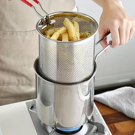 1200ml Stainless Steel Deep Frying Pot with Basket and Long Handle