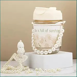 Coffee Mugs with Pearl Chain Belt and Reusable Coffee Mug Travel Sipper Double Drink Straw Lids Sleeve for Kids Girls