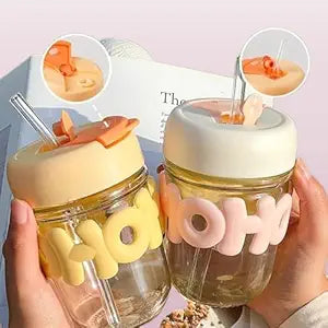 Reusable Glass Coffee Mugs with Lid and Straw pack of 2