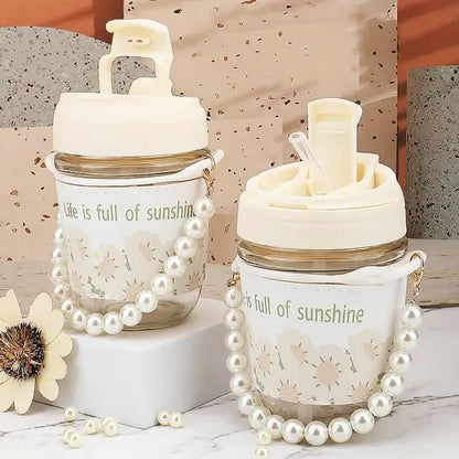 Coffee Mugs with Pearl Chain Belt and Reusable Coffee Mug Travel Sipper Double Drink Straw Lids Sleeve for Kids Girls