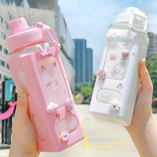 Kawaii Water Bottle with Straw Cute Large Bottles Stickers Aesthetic Leakproof Square Drinking