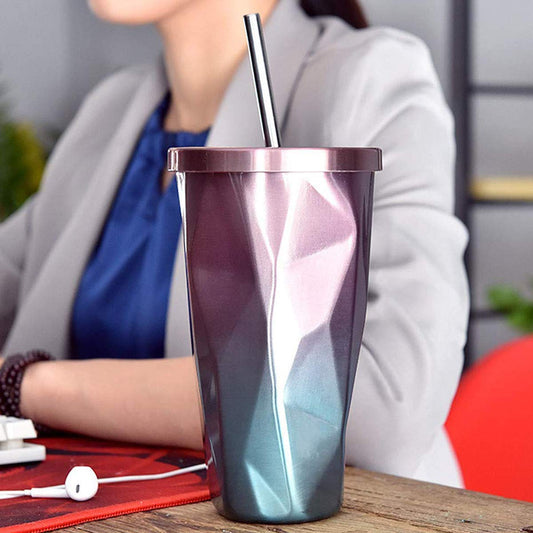 Diamond Shape Double Wall Vacuum Stainless Steel Tumbler with Straw