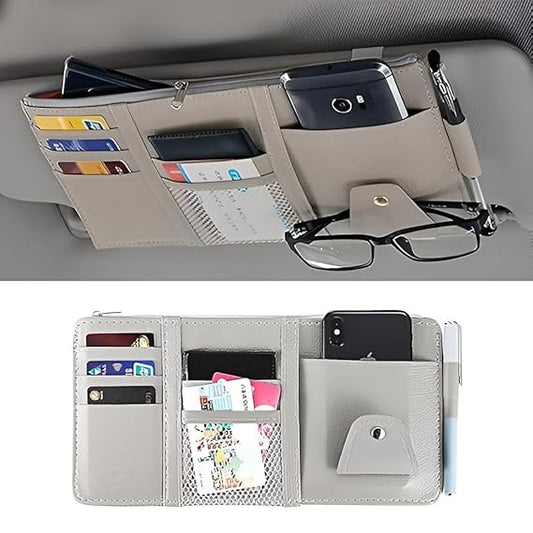 Car Sun Visor Organizer – PU Leather Multi-Pocket Zipper Net Pouch Holder for Sunglasses, Pens, Cards & Documents