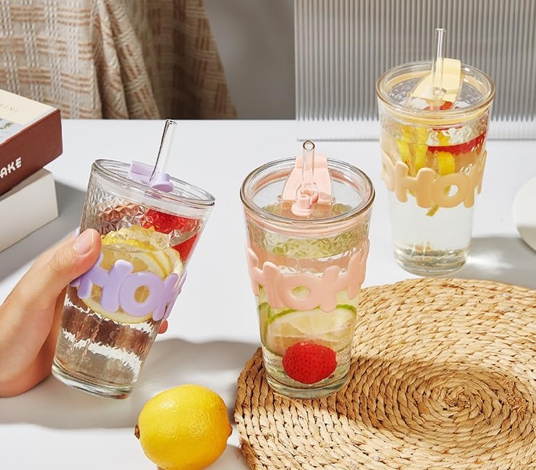 Glass Coffee Mug with Lid and Straw pack of 3