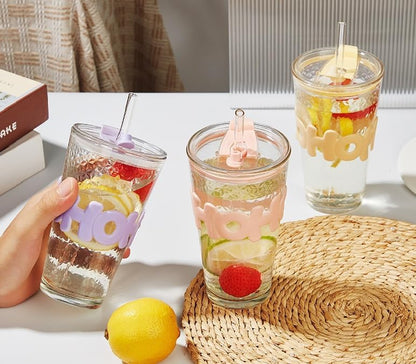 Glass Coffee Mug with Lid and Straw pack of 3