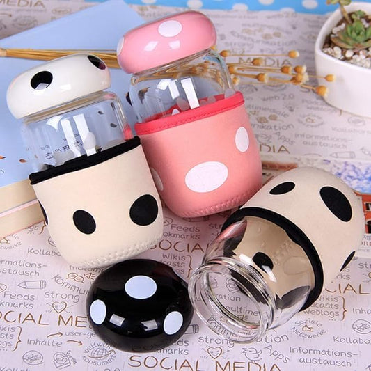 Pack of 2 Mushroom Cup Glass Bottle and Cup Cover Portable with Strainer Mini Vacuum Mug Cute Thermos for Home, Office, Traveling, Camping Tea Milk