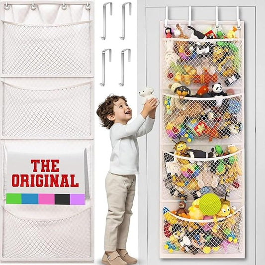 Nylon Toy Organizer For Kids Room Wall, Large Capacity Door Hanging Toys Storage With 4 Hooks