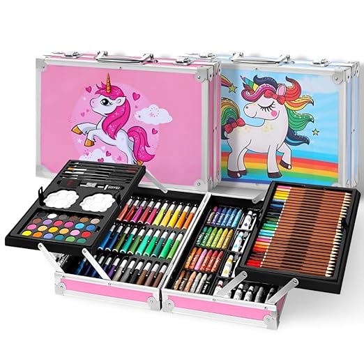 Unicorn Art & Craft Painting Box, Big Coloring Suitcase Multiple 145 Color Kit, Professional Drawing Water Color Pencils, Oil Pastel, Sketches & Acrylic Paint Brush for Girls and Boys (Unicorn)