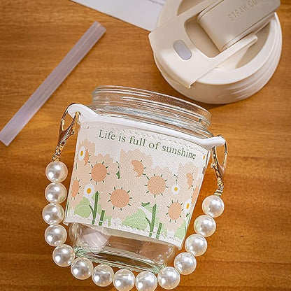 Coffee Mugs with Pearl Chain Belt and Reusable Coffee Mug Travel Sipper Double Drink Straw Lids Sleeve for Kids Girls