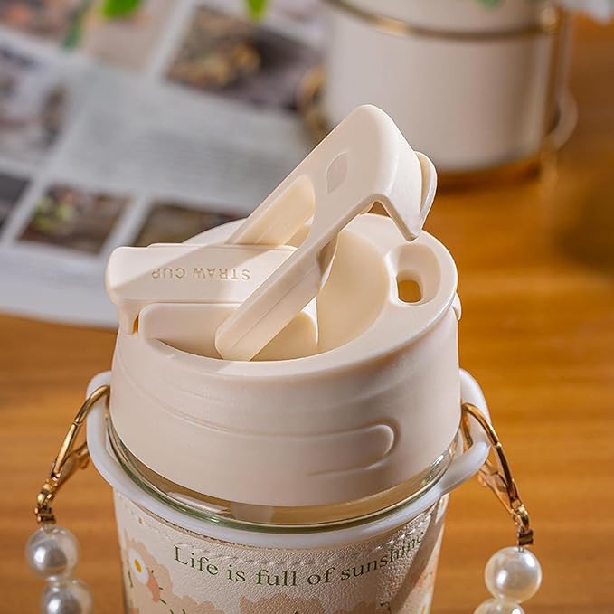 Coffee Mugs with Pearl Chain Belt and Reusable Coffee Mug Travel Sipper Double Drink Straw Lids Sleeve for Kids Girls