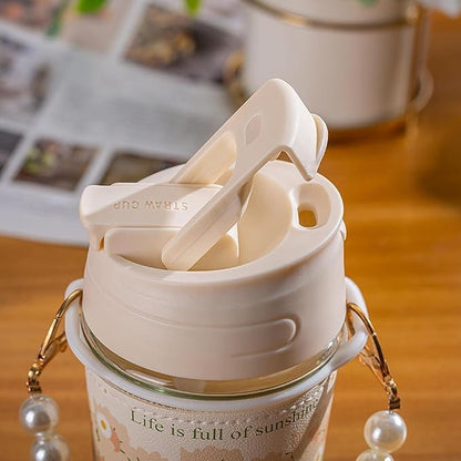 Coffee Mugs with Pearl Chain Belt and Reusable Coffee Mug Travel Sipper Double Drink Straw Lids Sleeve for Kids Girls