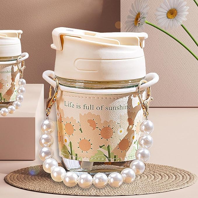 Coffee Mugs with Pearl Chain Belt and Reusable Coffee Mug Travel Sipper Double Drink Straw Lids Sleeve for Kids Girls